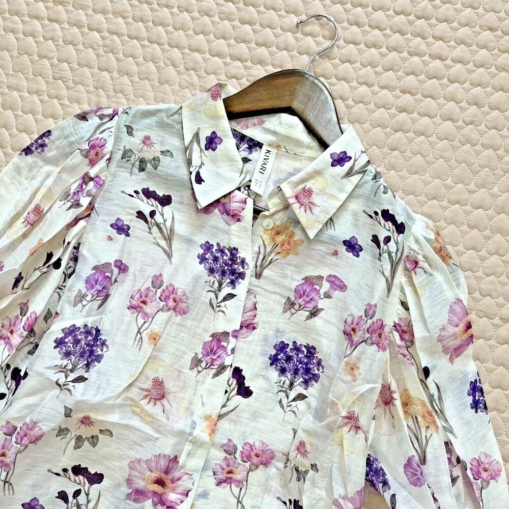 $398 NWOT Kivari Linen blend Shirt Women's Size 6 Blouse Floral Long sleeve - Picture 4 of 10